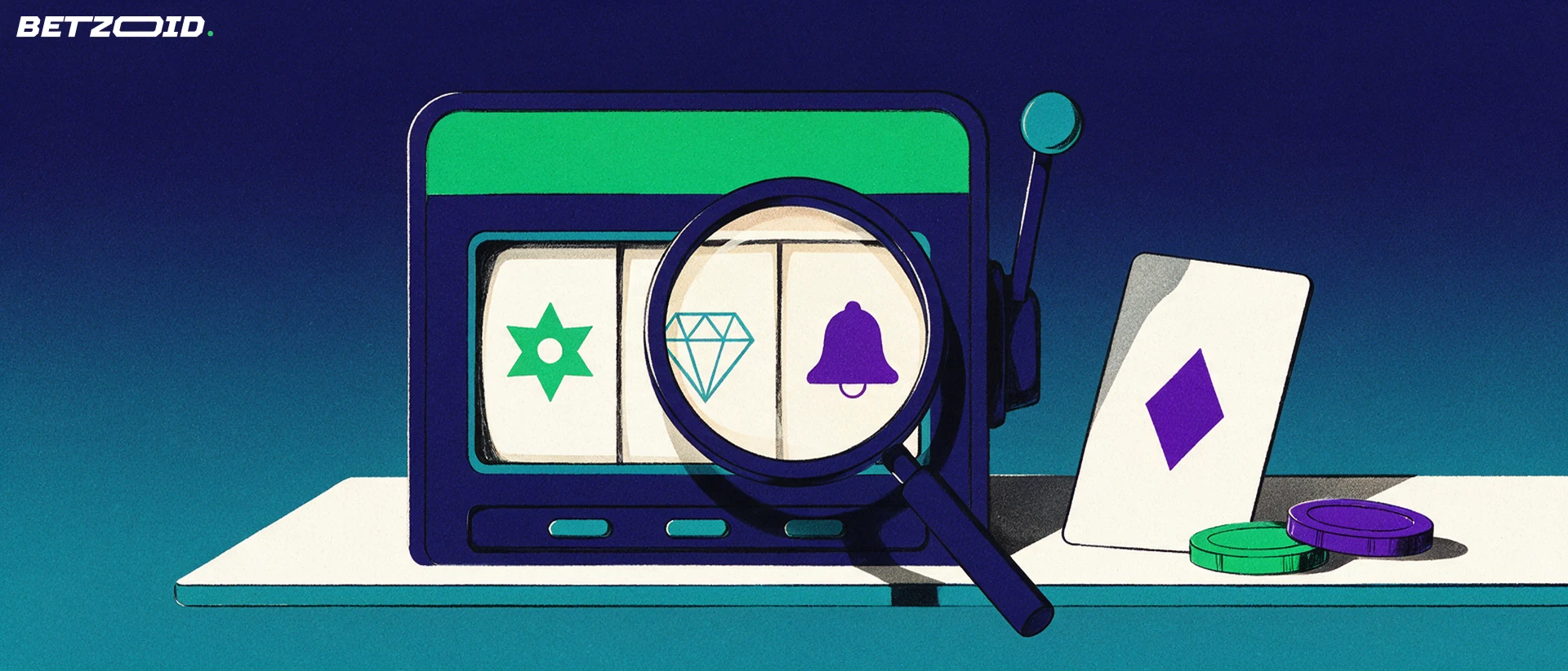 Illustration of a slot machine with geometric reel symbols being examined through a large magnifying glass, beside a playing card and two chips.