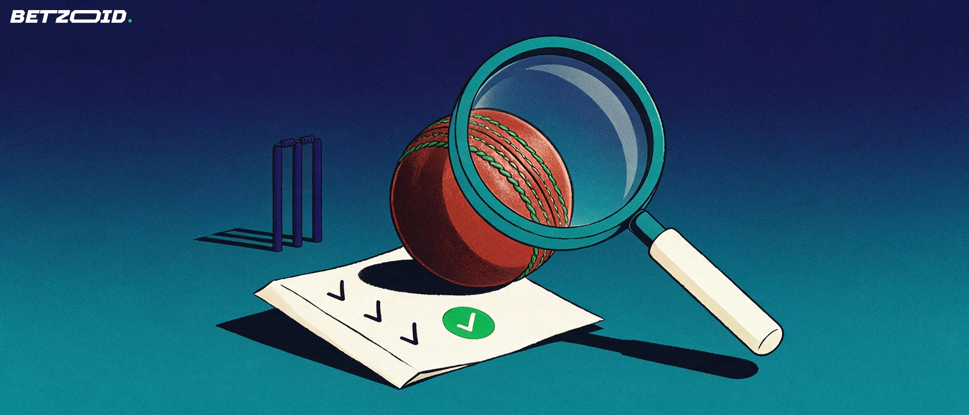 Illustration of a magnifying glass inspecting a cricket ball above a paper betting slip with checkmarks.