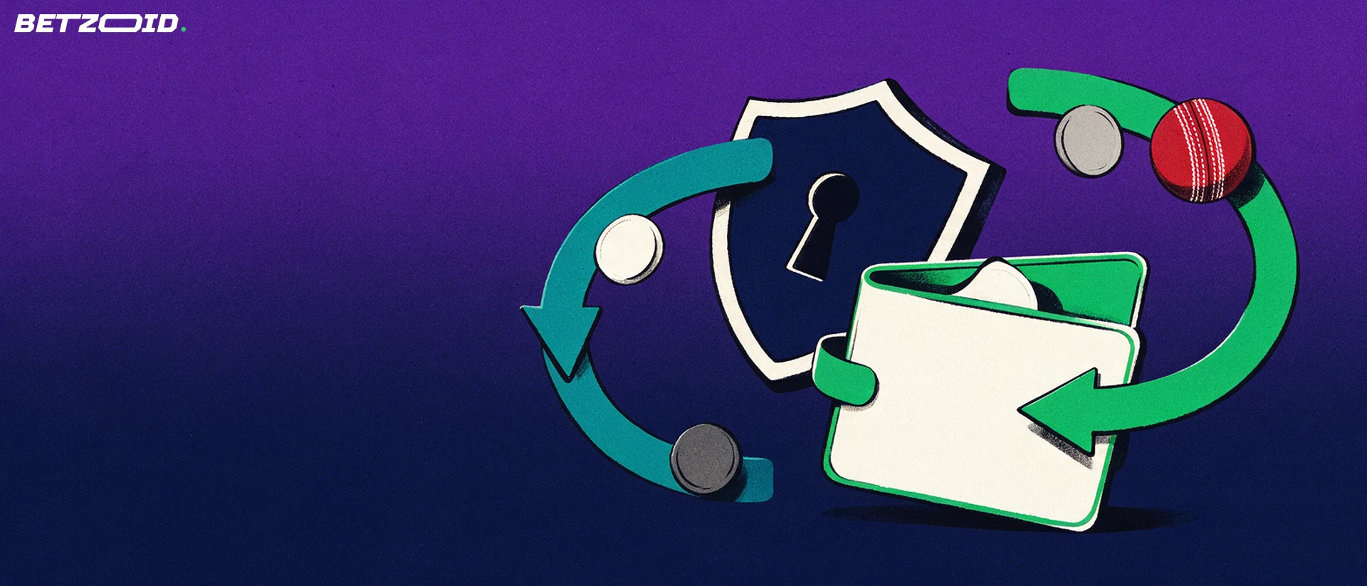 Illustration of a wallet with looping deposit and withdrawal arrows carrying plain tokens and a cricket ball, beside a shield with a keyhole.