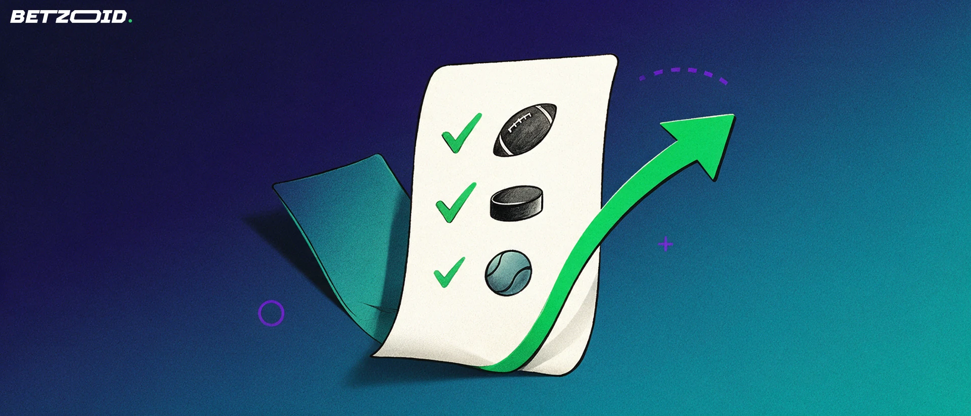 Illustration of an upright paper betting slip with football, hockey puck and tennis ball symbols and a rising green arrow.