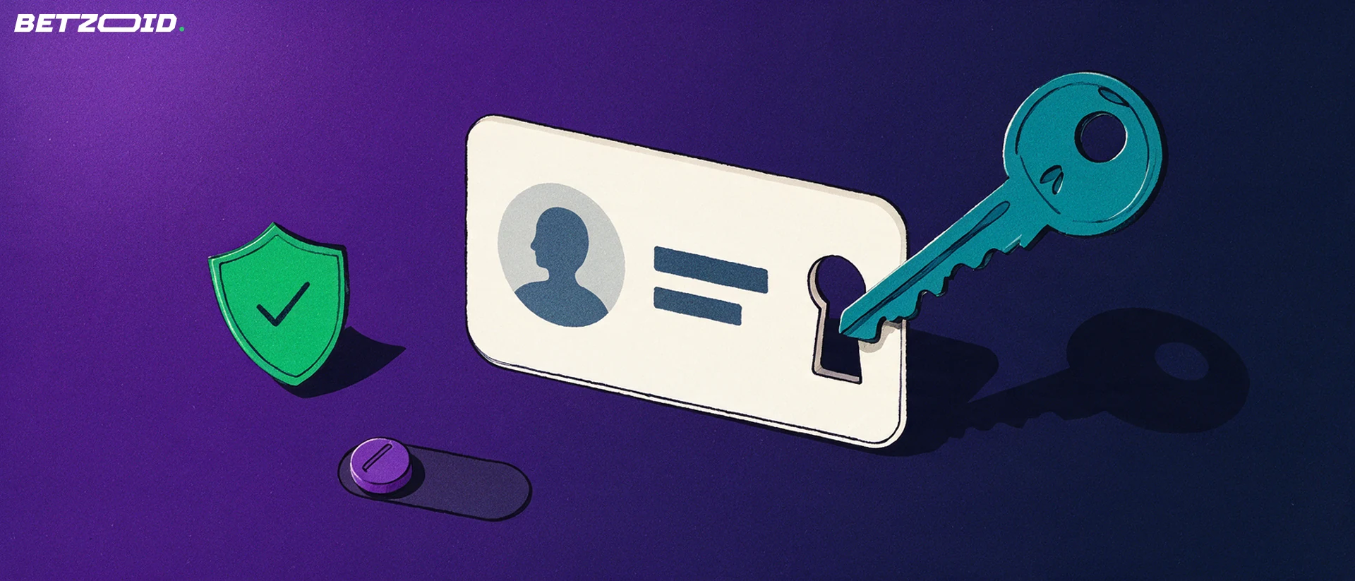 Illustration of an account card with a keyhole, a key entering it, a shield with a check mark and a small slider dial.