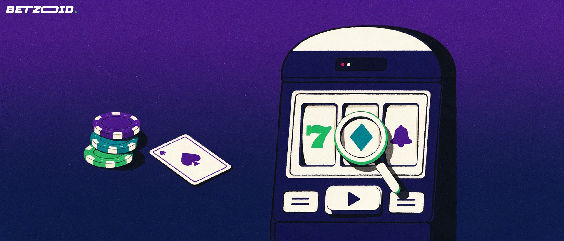 Illustration of a slot machine cabinet with a magnifying glass over one reel symbol beside casino chips and a card