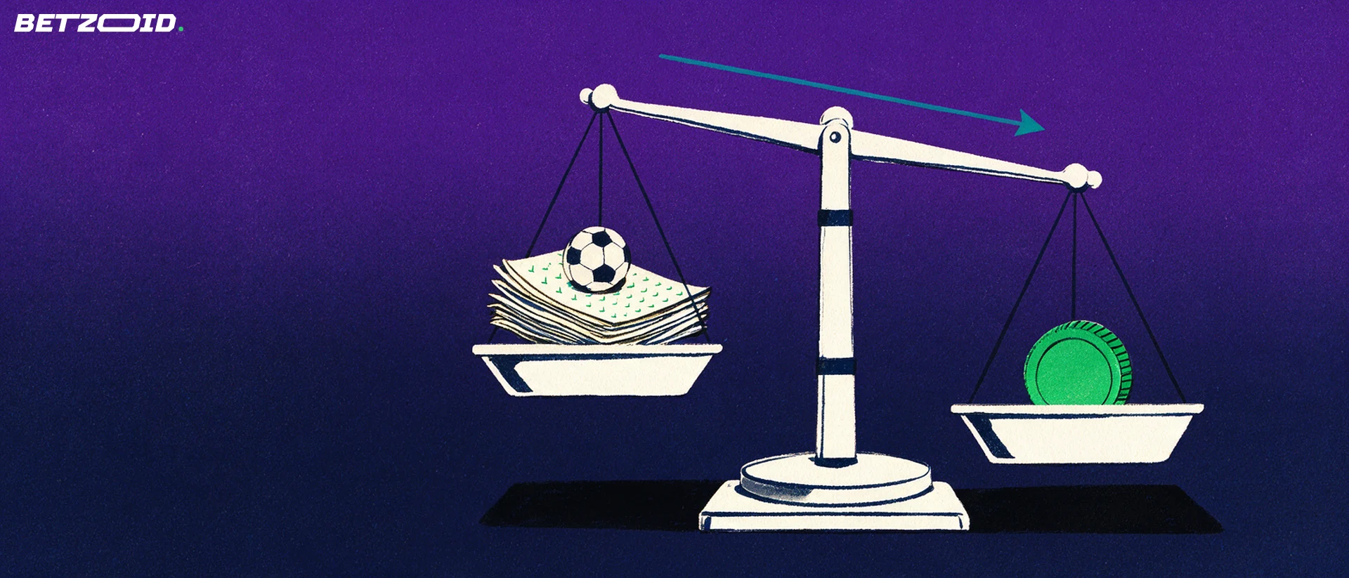 Illustration of a balance scale weighing a stack of betting slips and a soccer ball against a single green stake token.