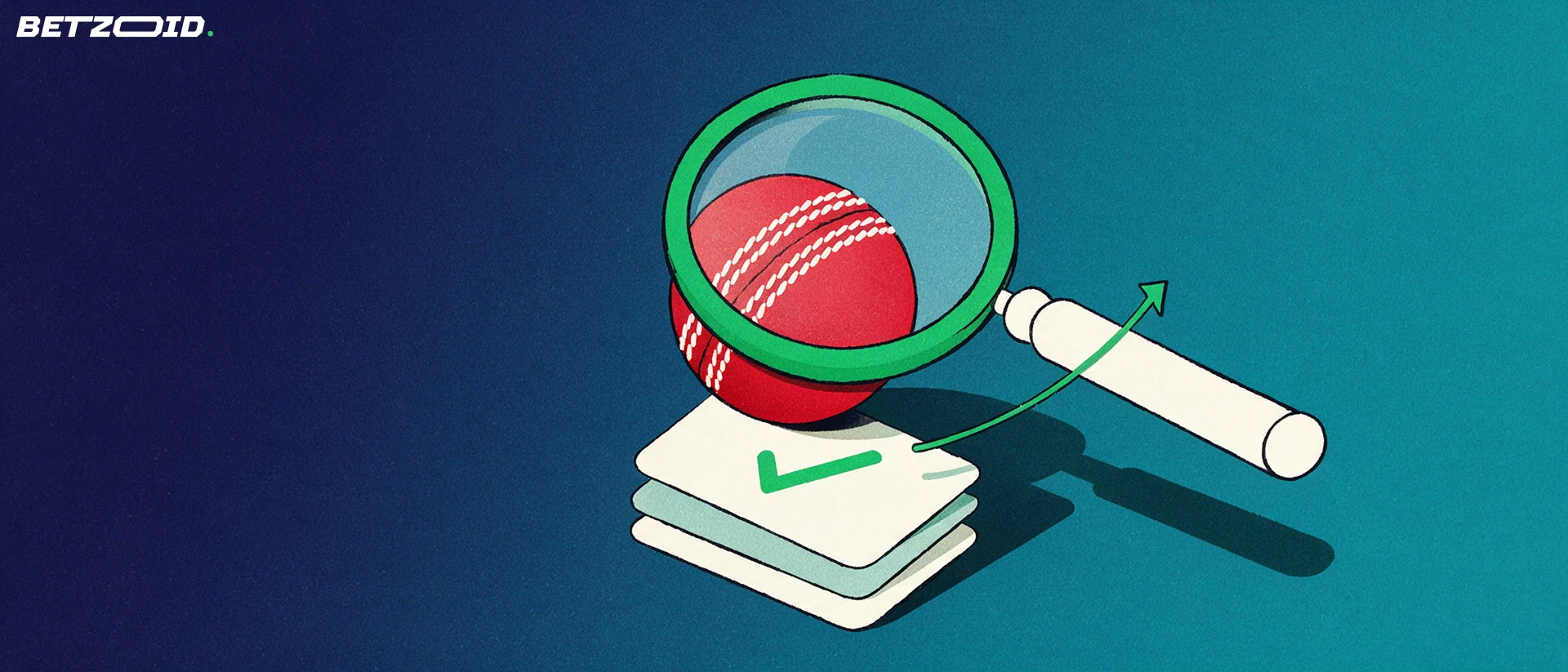 Illustration of a magnifying glass inspecting a cricket ball above a small stack of checklist cards with check marks.