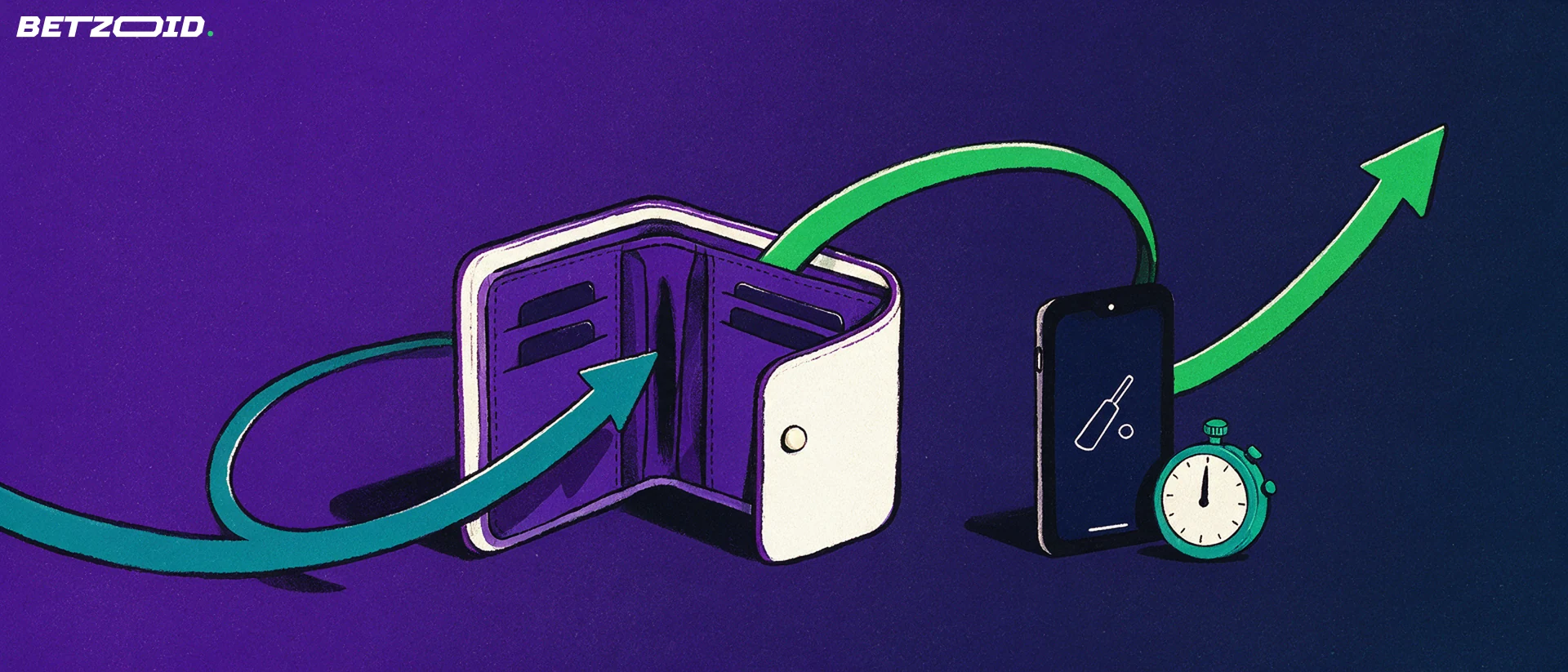 Illustration of an open wallet with two-way arrows beside a phone showing a cricket bat and ball symbol and a stopwatch.