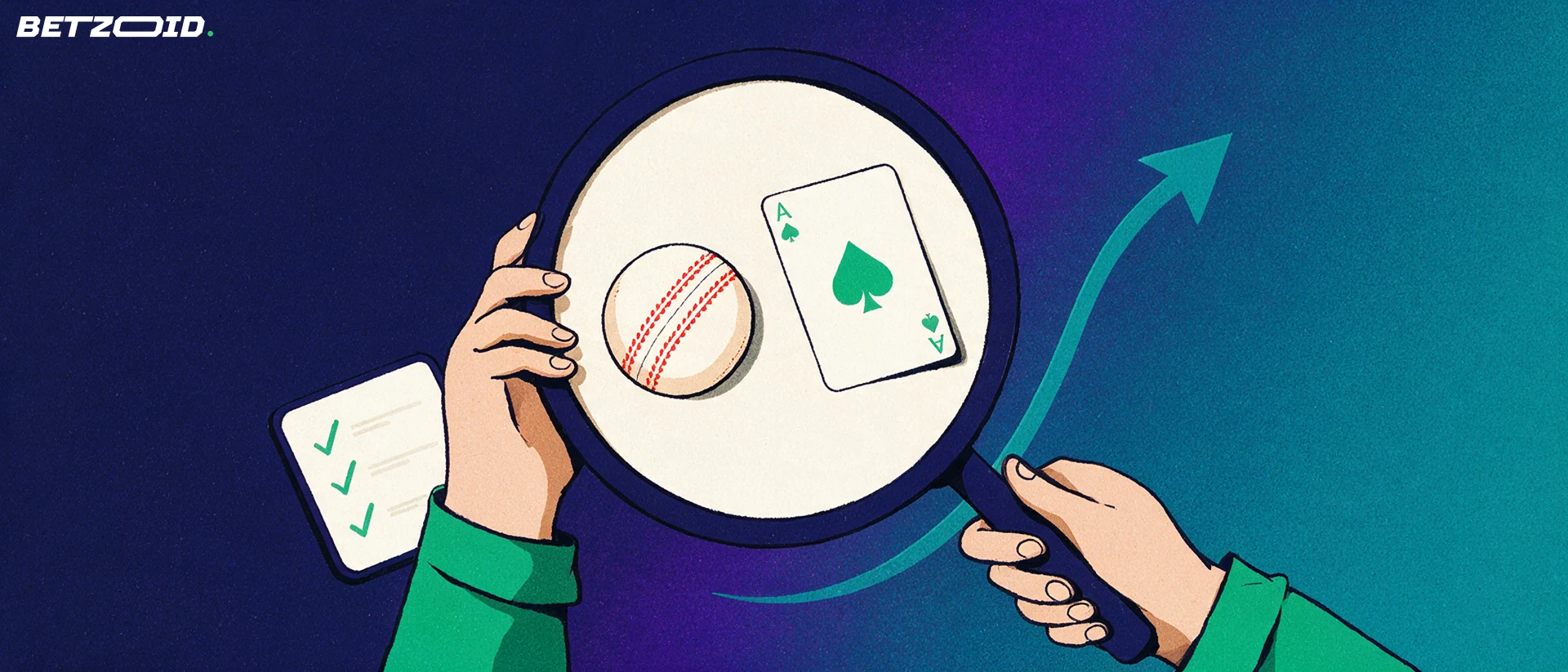 Illustration of hands holding a magnifying glass over a cricket ball and a playing card beside a checklist with green tick marks.