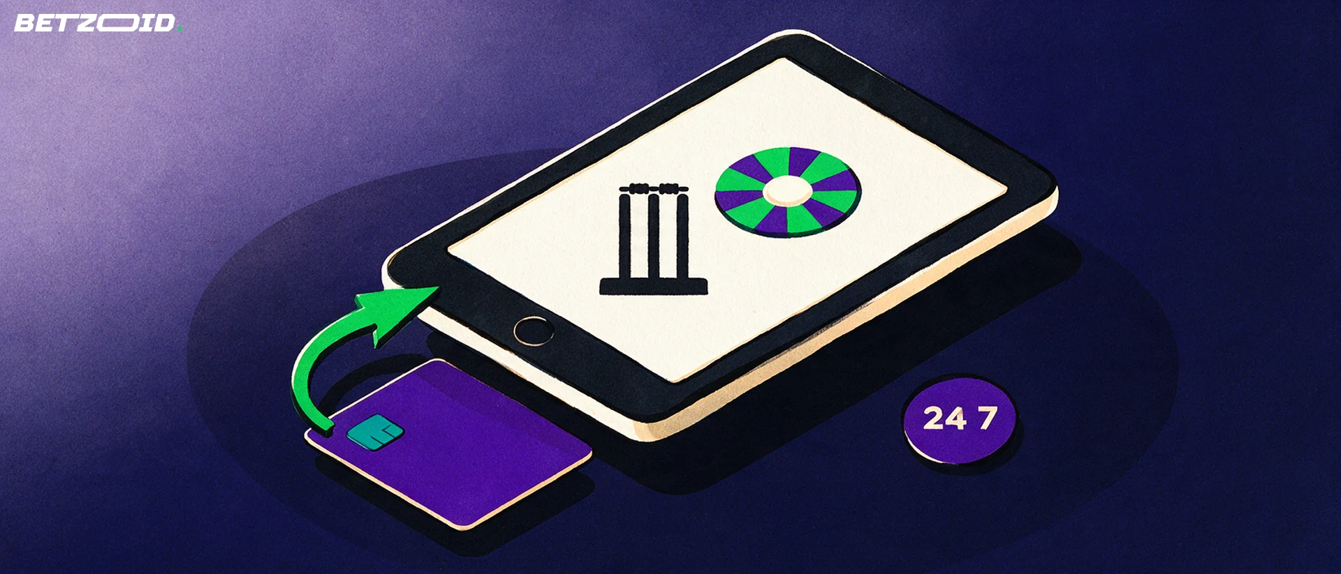 Illustration of a smartphone showing cricket and roulette symbols next to a payment card with an arrow looping between them and a round 24 7 badge.
