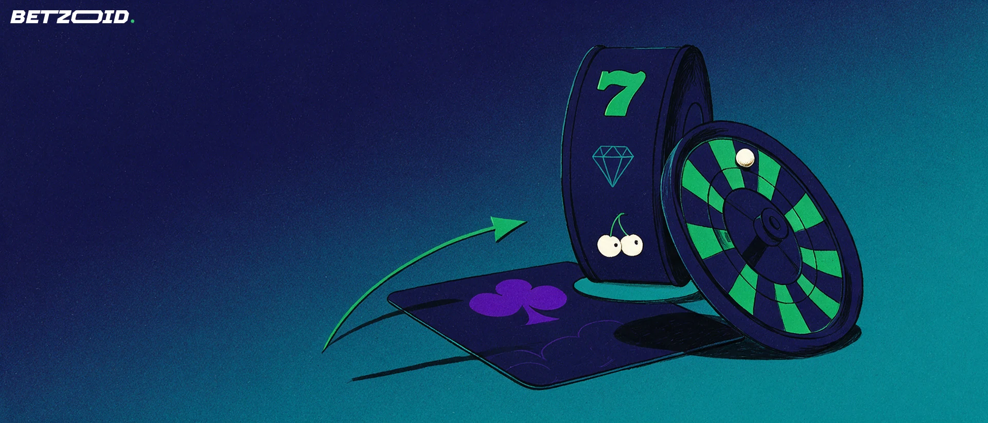 Illustration of a slot machine reel drum, a tilted roulette wheel and a playing card grouped together as online casino game types.