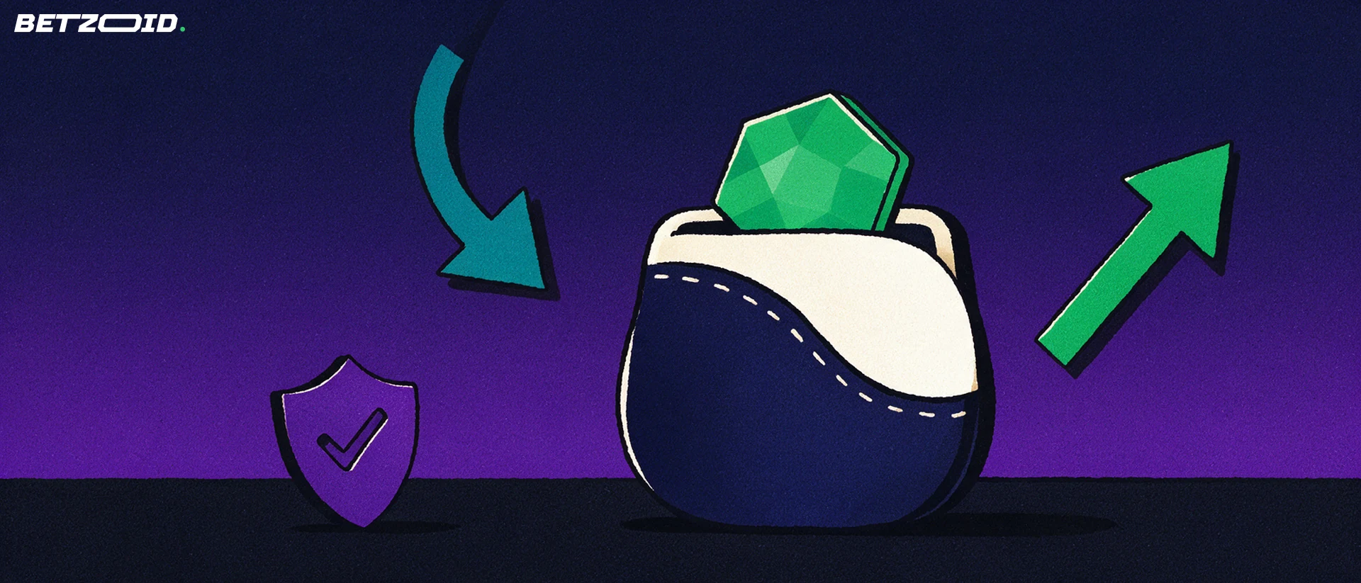 Illustration of a large wallet with a blank hexagonal token, deposit and withdrawal arrows and a small verification shield.
