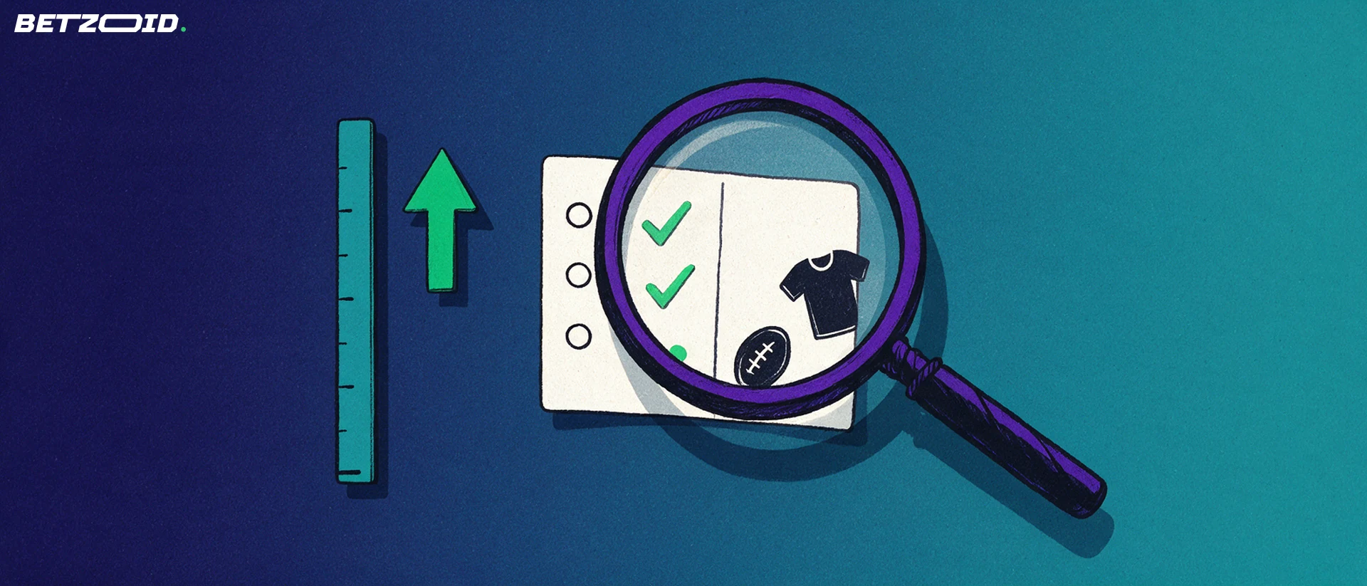 Illustration of a large magnifying glass enlarging a paper betting coupon marked with check marks and simple football and jersey symbols.
