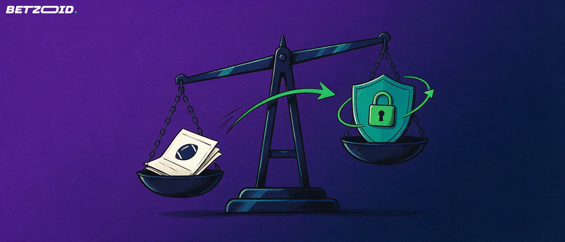 Illustration of a balance scale weighing a folded sports betting coupon against a shield with a padlock and a circular arrow.