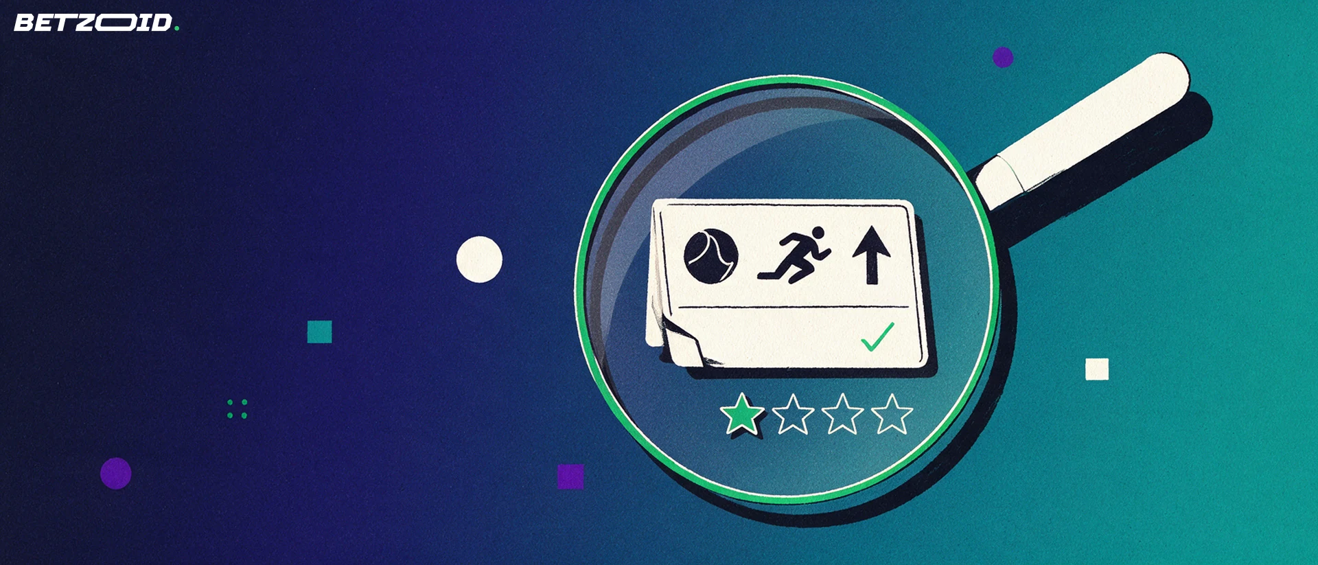 Illustration of a magnifying glass enlarging a sports betting slip with simple sport symbols and star rating marks