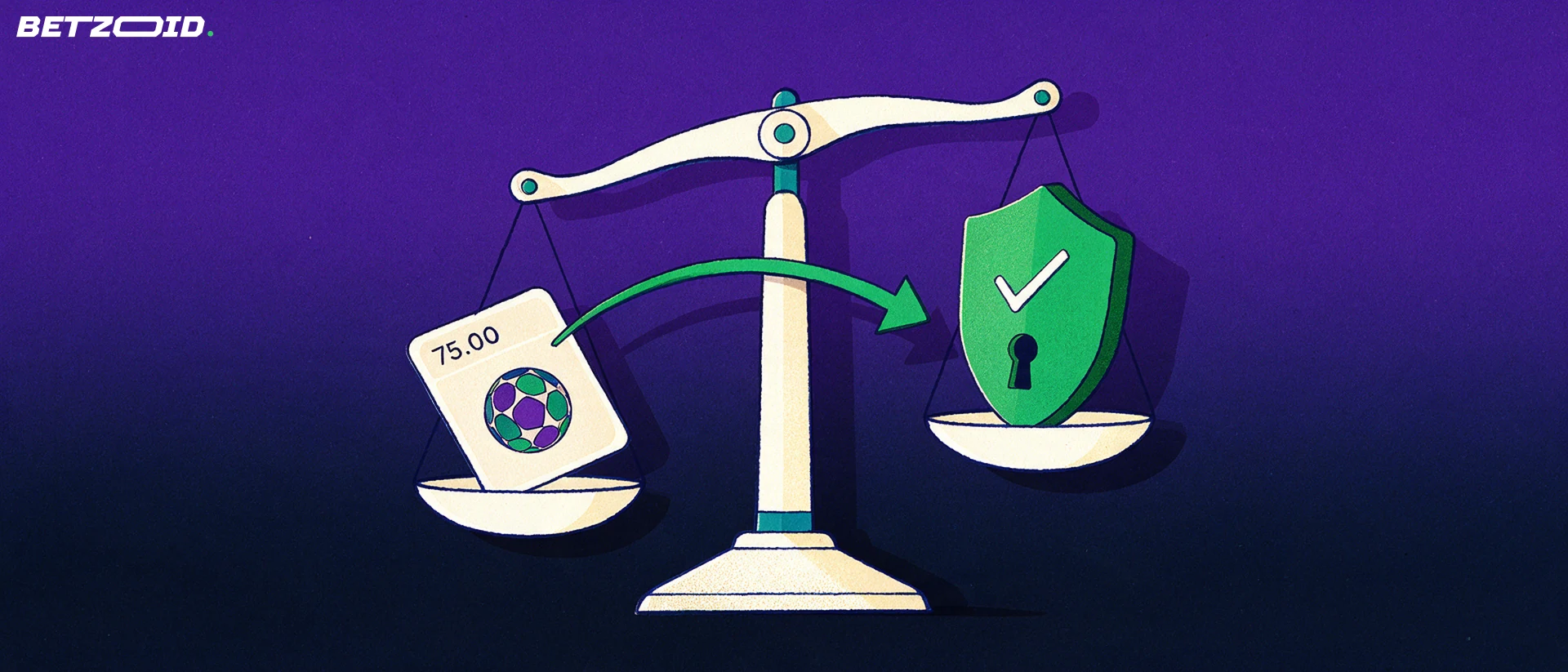 Illustration of a balance scale weighing a betting slip against a shield with a tick and keyhole, linked by an arrow