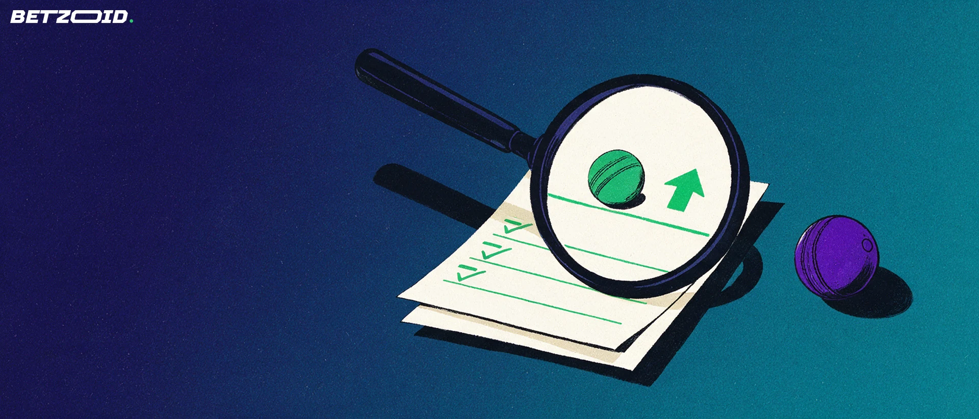 Illustration of a magnifying glass inspecting a betting slip showing a cricket ball icon and checkmarks