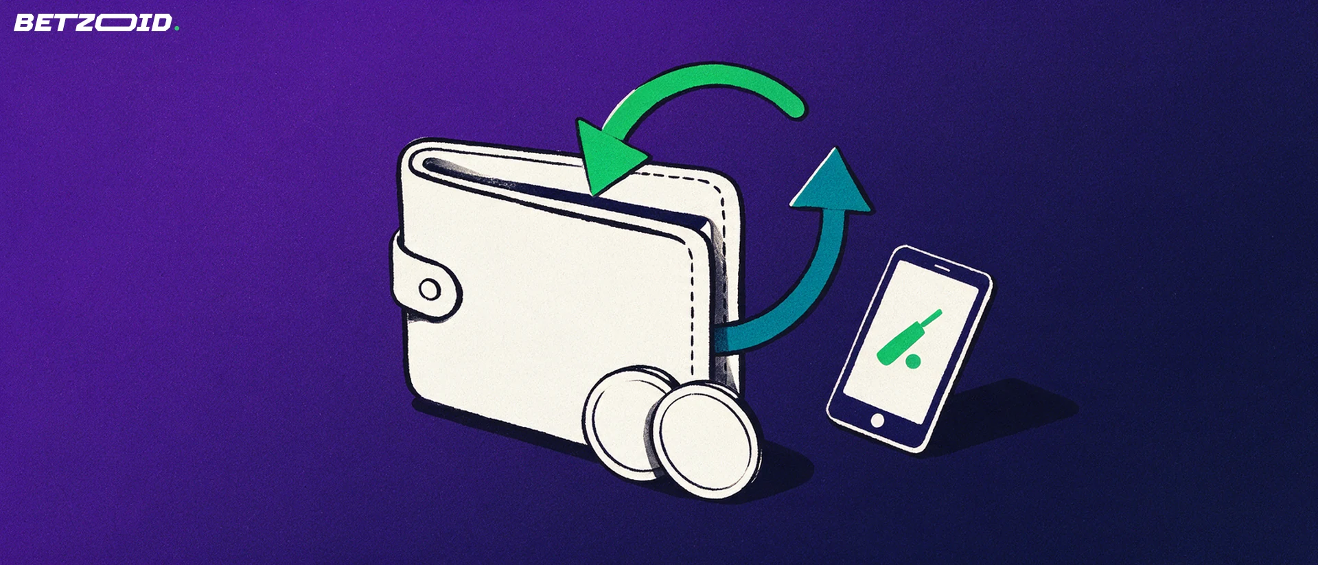 Illustration of a wallet with curved arrows in and out beside a phone showing a cricket bat and ball symbol