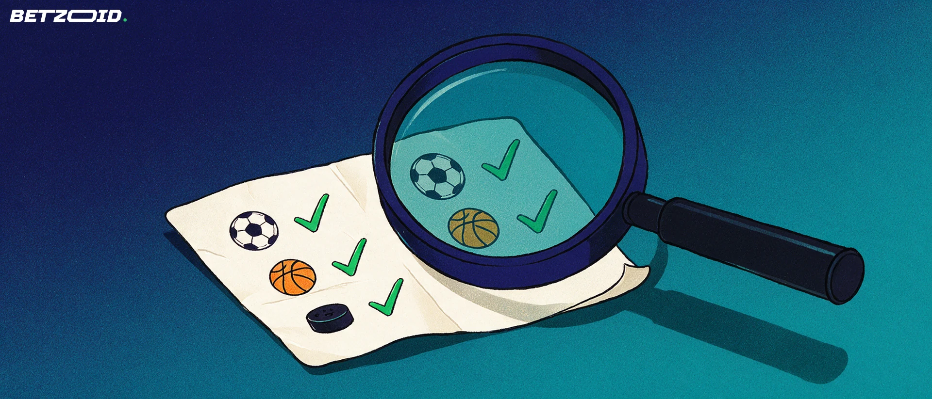 Illustration of a large magnifying glass inspecting a betting slip marked with soccer, basketball and hockey icons and green checkmarks.
