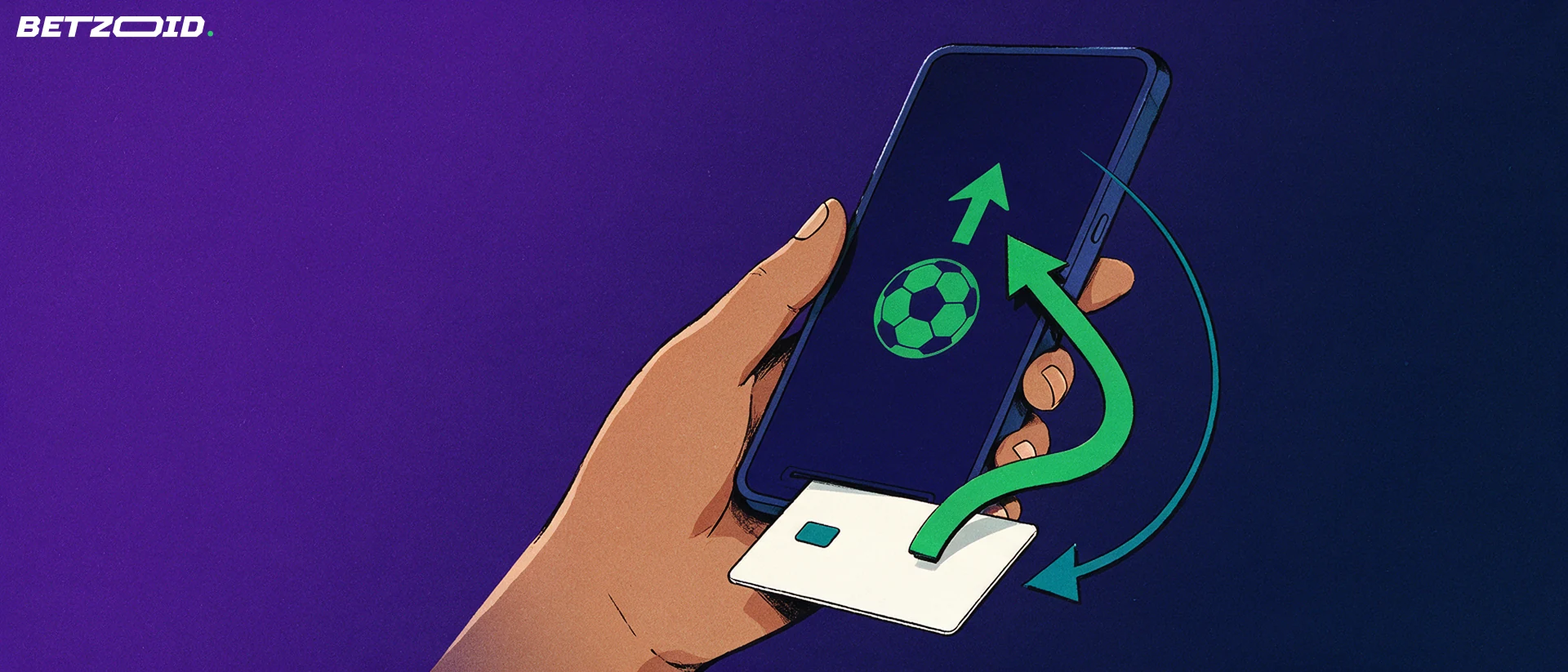 Illustration of a hand holding a phone showing a soccer ball and upward arrow, with a plain bank card and looping arrows suggesting deposits and withdrawals.