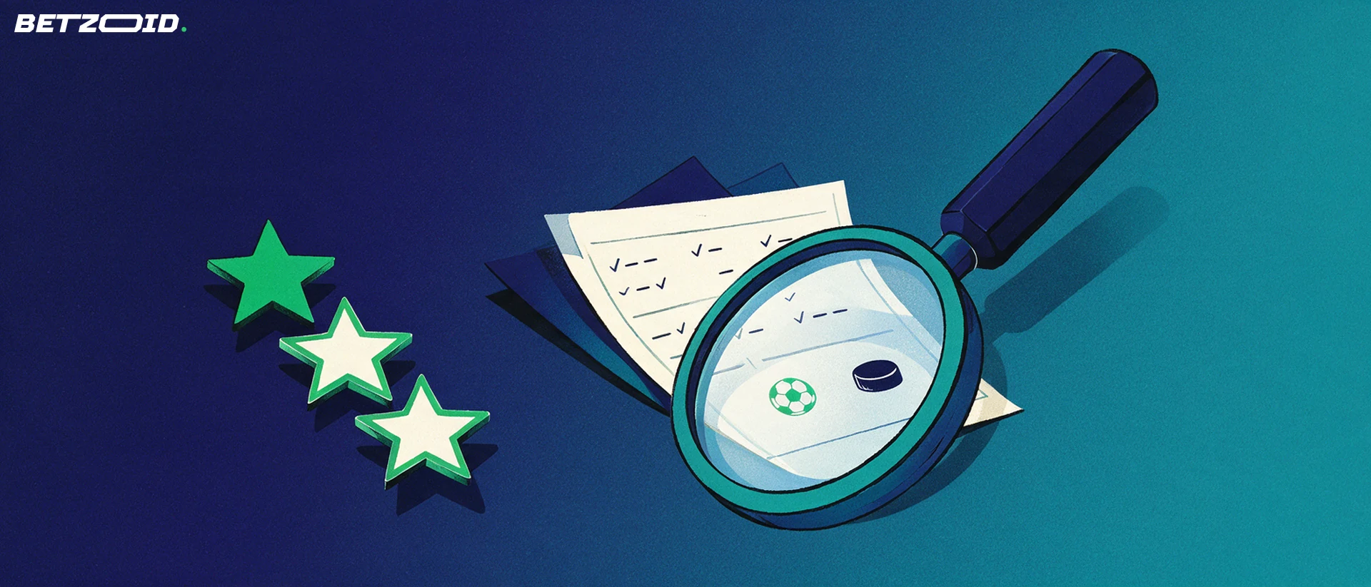 Illustration of a large magnifying glass examining a sports betting slip with ball and puck symbols beside three rating stars.