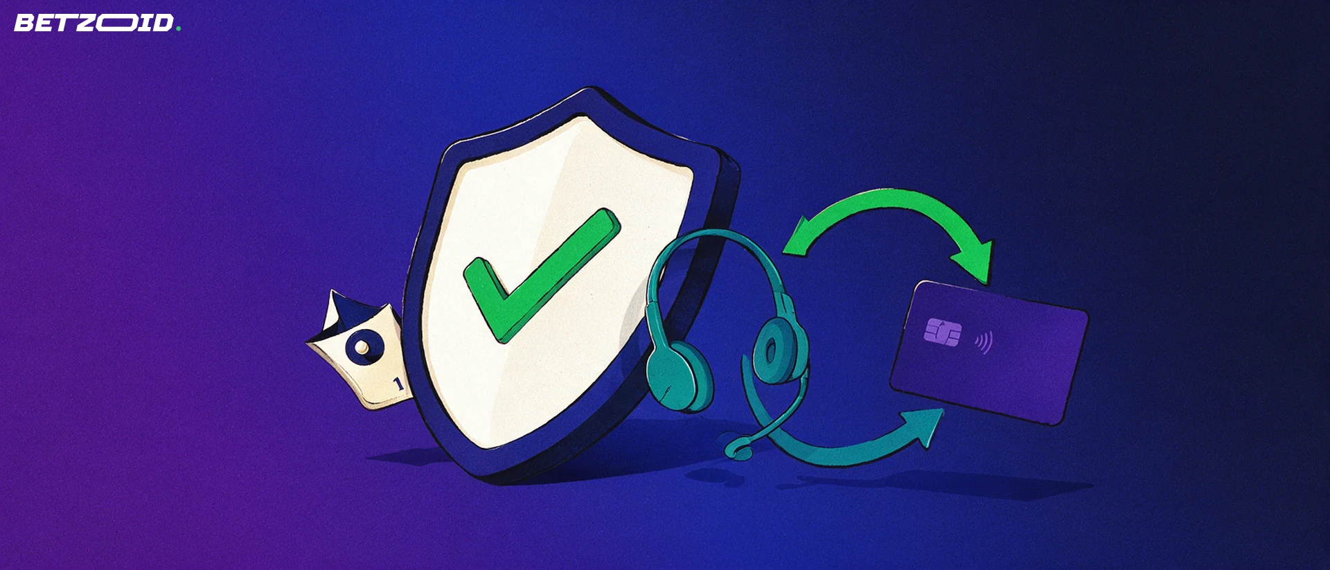 Illustration of a shield with a checkmark beside a support headset and a two-way arrow linking to a plain payment card.