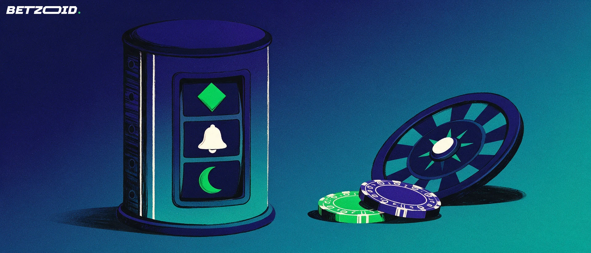 Illustration of a large slot reel drum with simple symbols beside a tilted roulette wheel and two casino chips.
