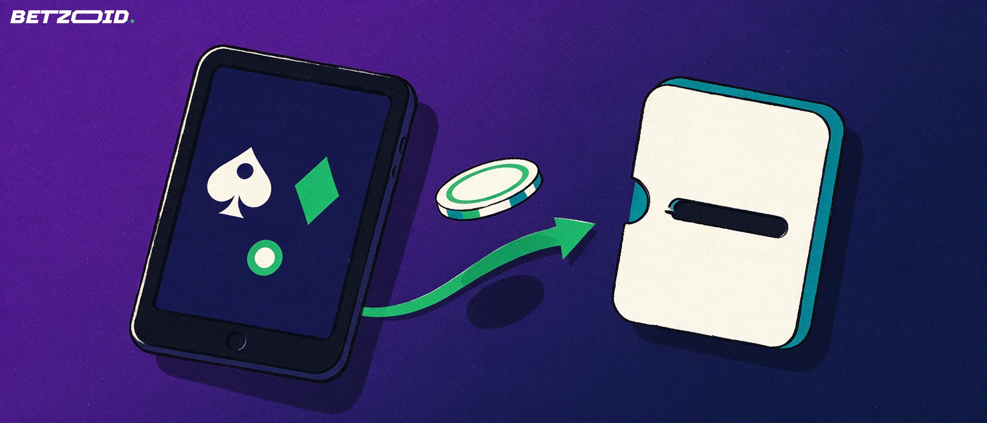 Illustration of a handheld device showing simple card and reel symbols while a casino chip follows an arrow into a wallet card slot.