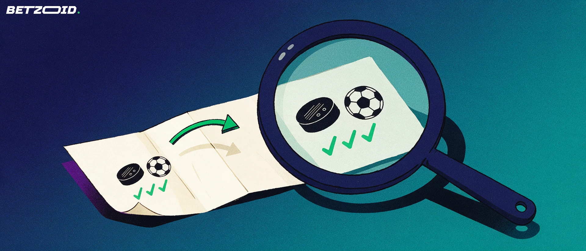 Illustration of a magnifying glass enlarging hockey, soccer and tick symbols printed on a paper betting slip.