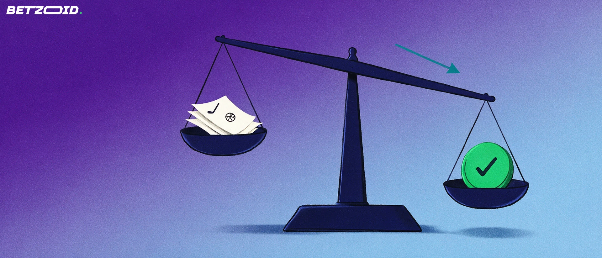 Illustration of a balance scale weighing a stack of sports betting slips against a green checkmark medallion.