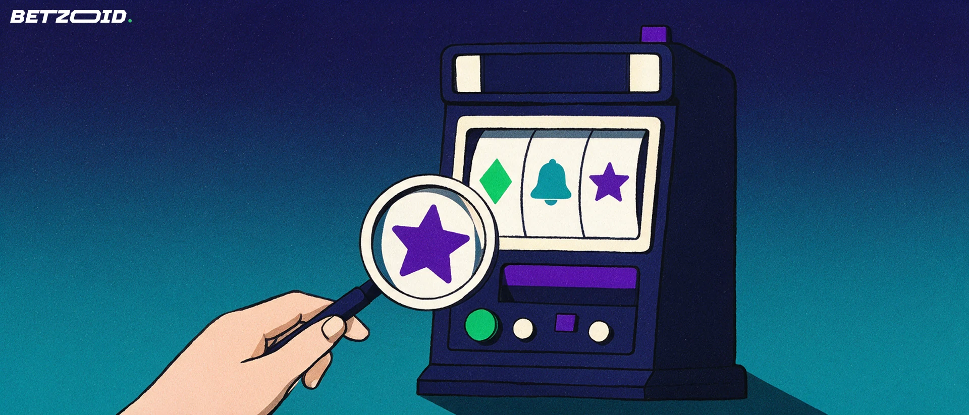 Illustration of a slot machine with three reels of geometric symbols examined through a large magnifying glass.