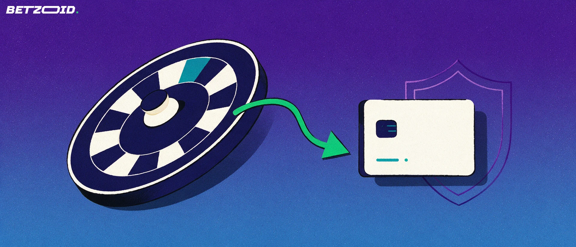 Illustration of an angled roulette wheel with a green arrow flowing into a blank payment card backed by a shield.