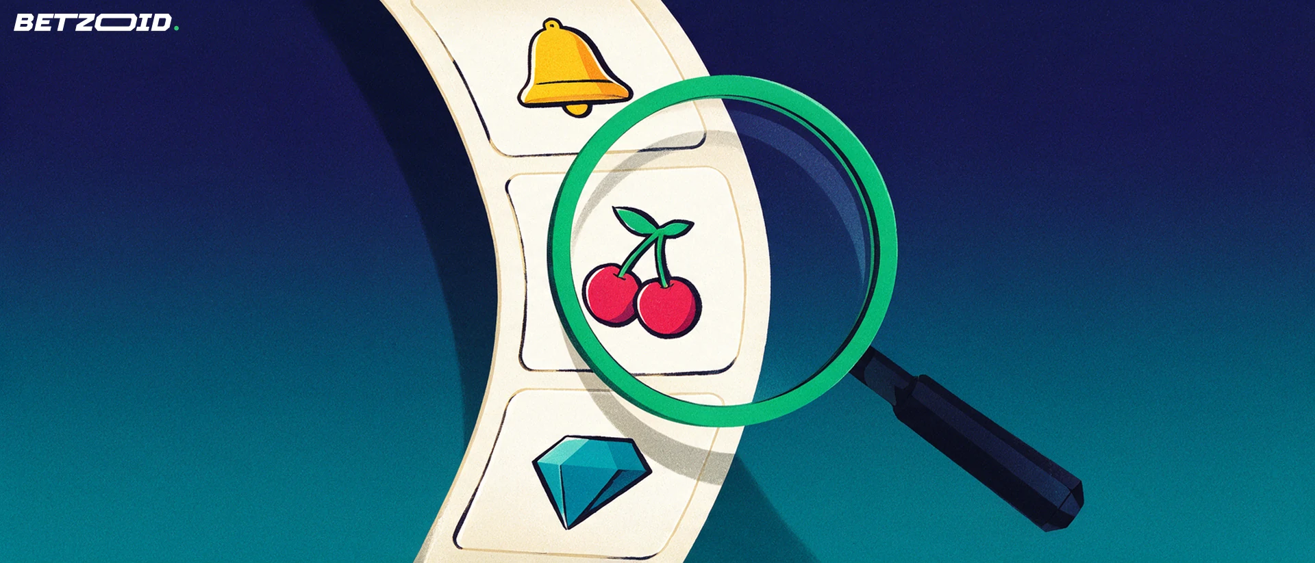 Illustration of a magnifying glass enlarging one symbol on a slot machine reel strip.