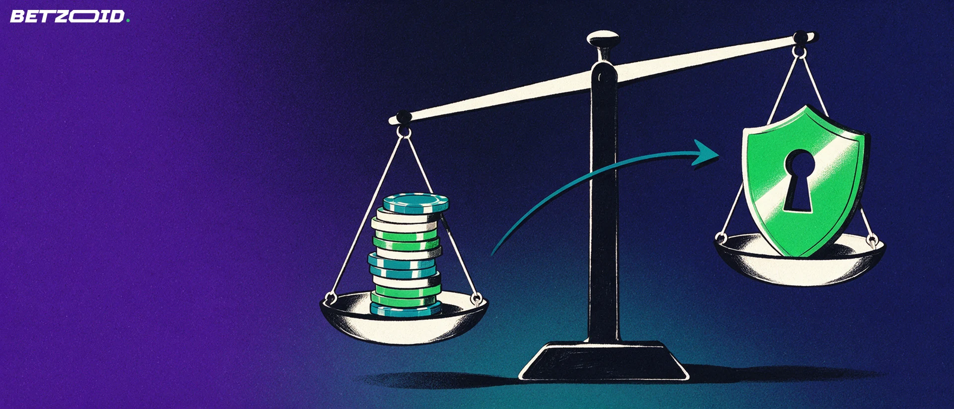 Illustration of a balance scale weighing a stack of casino chips against a shield with a keyhole.