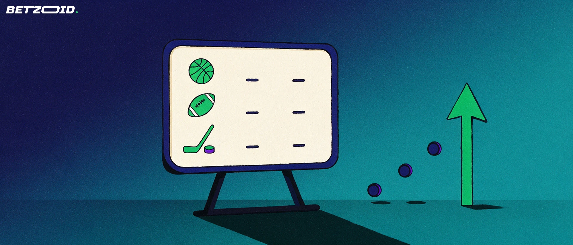 Illustration of a sportsbook odds panel with basketball, football and hockey symbols beside a rising green arrow