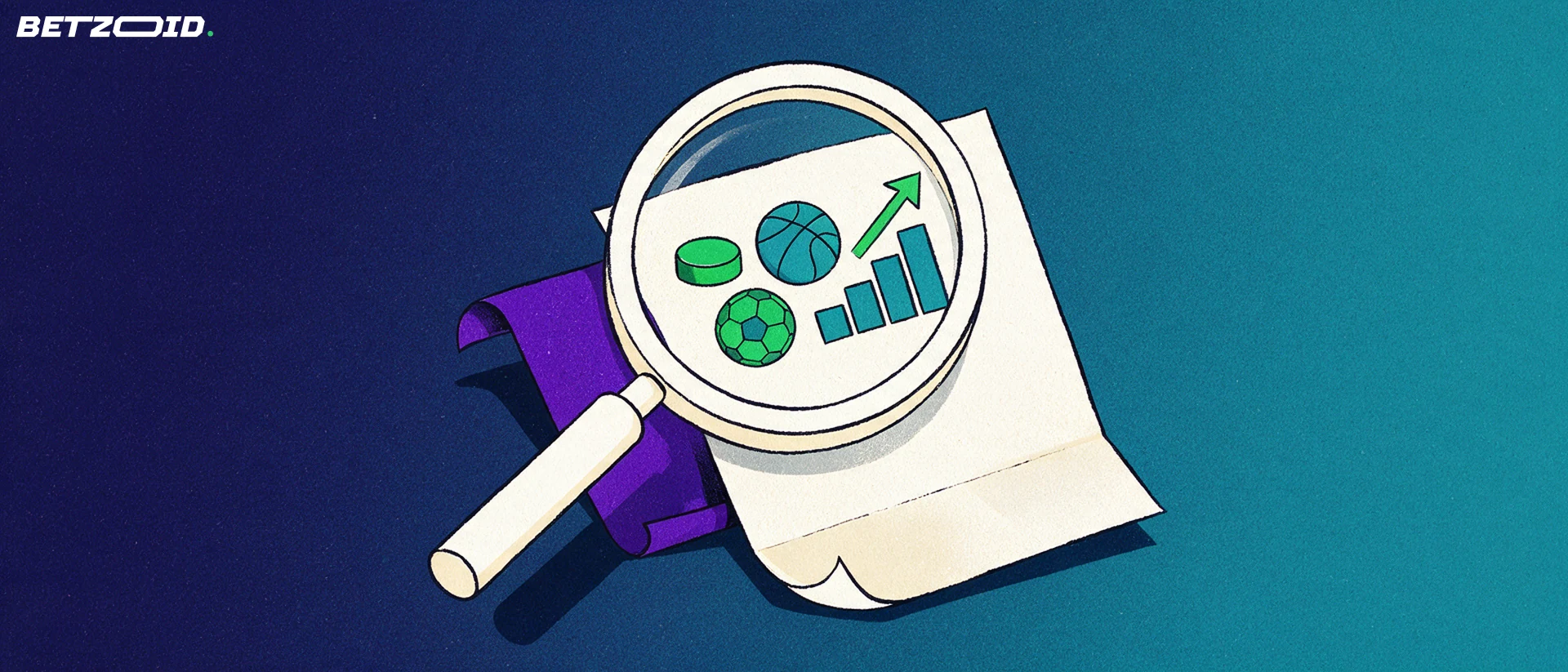 Illustration of a magnifying glass enlarging a betting slip with hockey, basketball and soccer symbols and a rising bar ladder with an upward arrow.