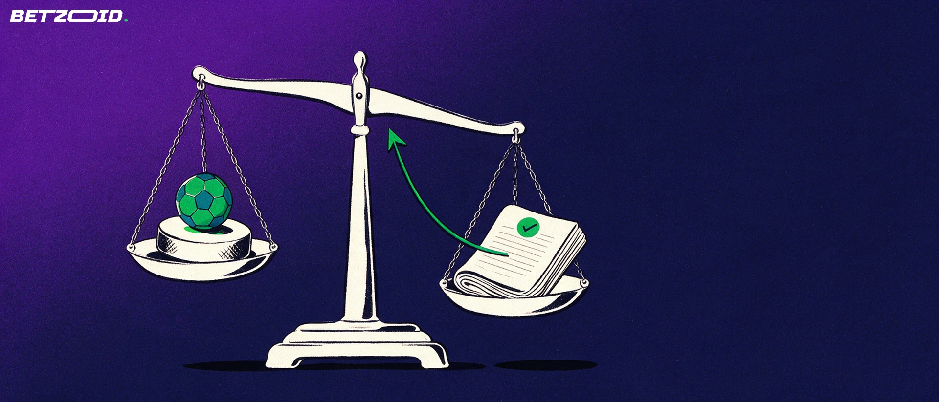 Illustration of a balance scale weighing sports balls and a hockey puck against a folded rulebook document marked with a checkmark.