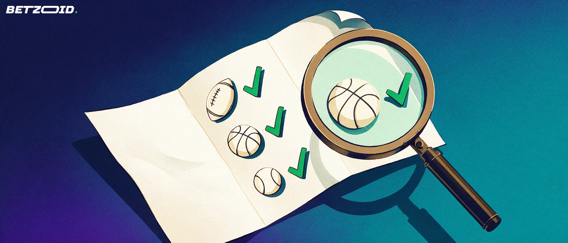 Illustration of a magnifying glass examining a betting slip marked with football, basketball and baseball symbols