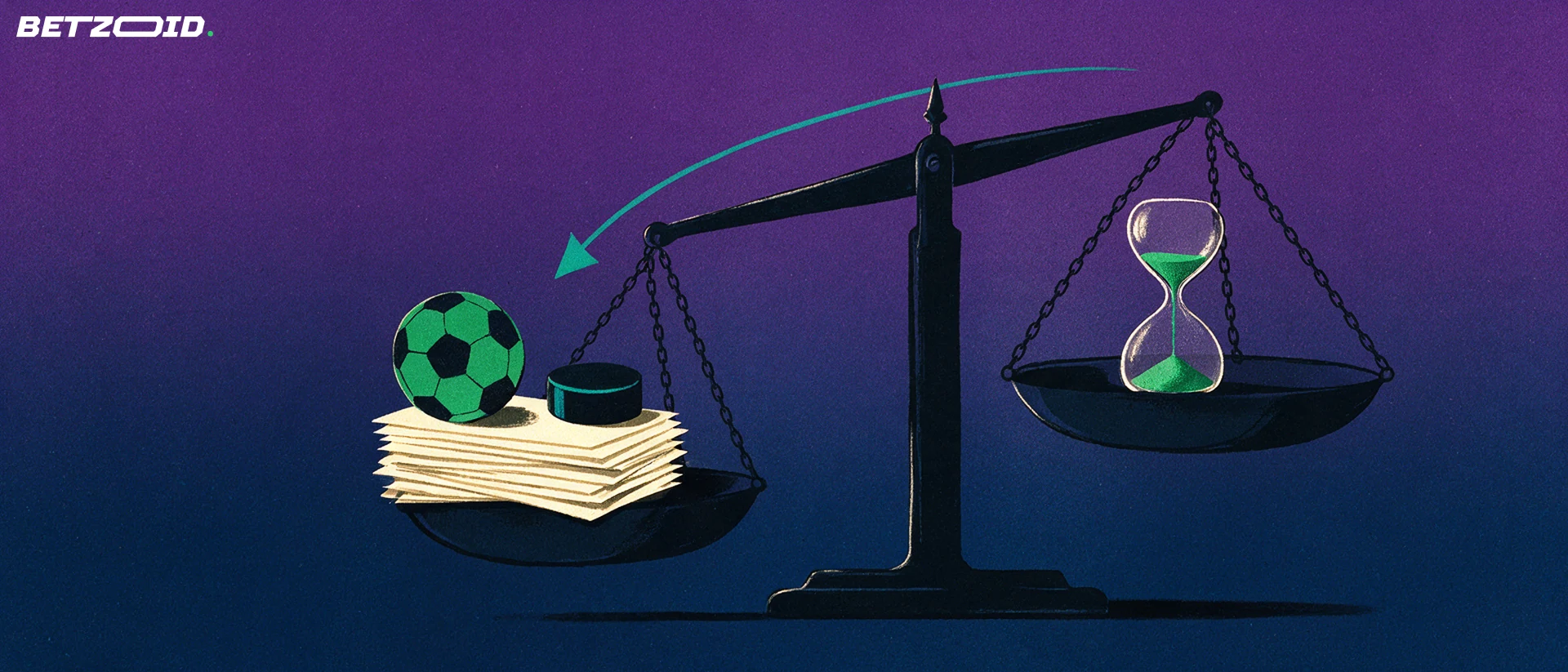 Illustration of a balance scale weighing a stack of blank betting tickets with sport symbols against an hourglass