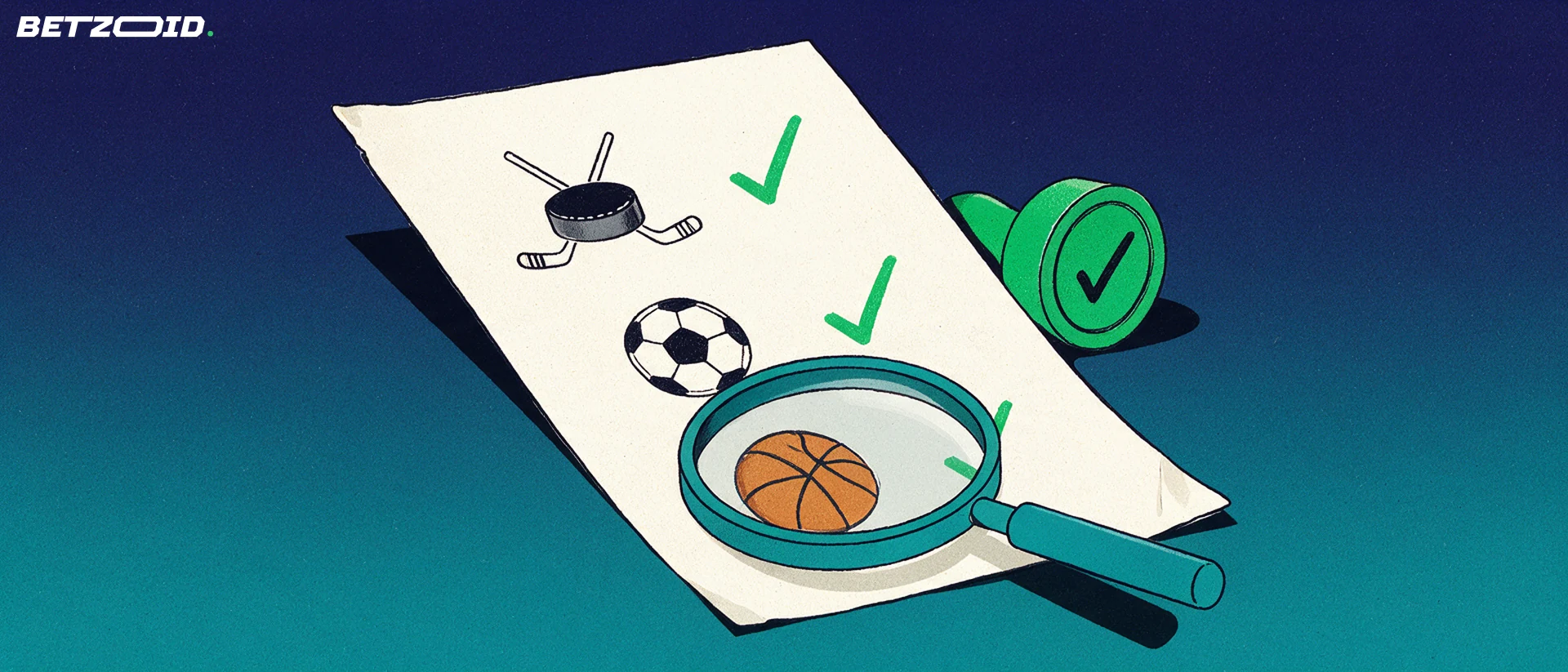Illustration of a magnifying glass inspecting a betting slip marked with hockey, soccer and basketball symbols and check marks.