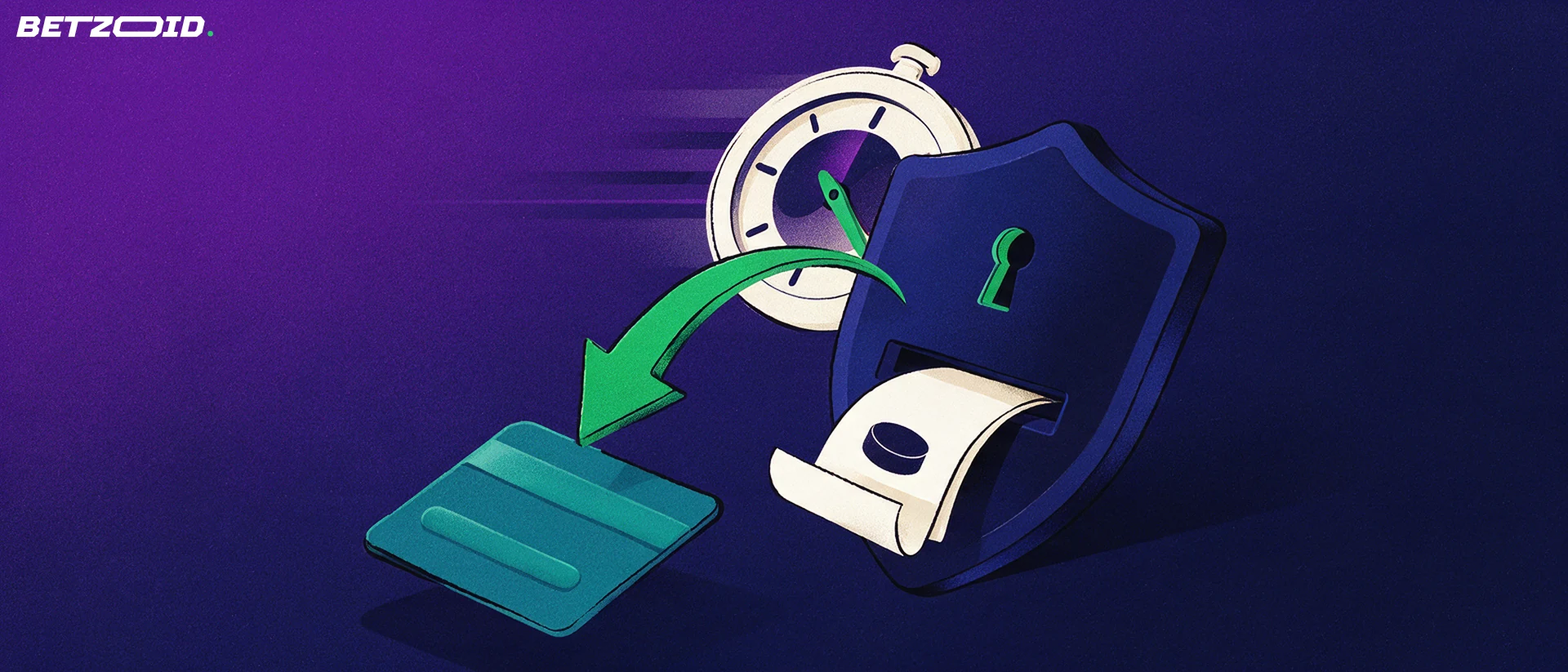 Illustration of a betting slip entering a padlocked shield with a green arrow curving to a plain payment card beside a stopwatch.