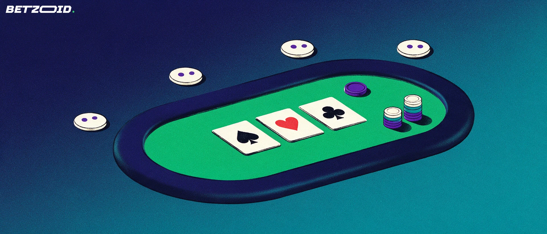 Illustration of a green online poker table with three face-up cards, chip stacks, a dealer button and abstract player seat markers.