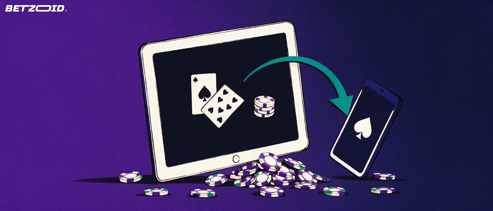 Illustration of a tablet and a phone showing card and chip symbols, linked by a curved arrow above a small pile of poker chips.