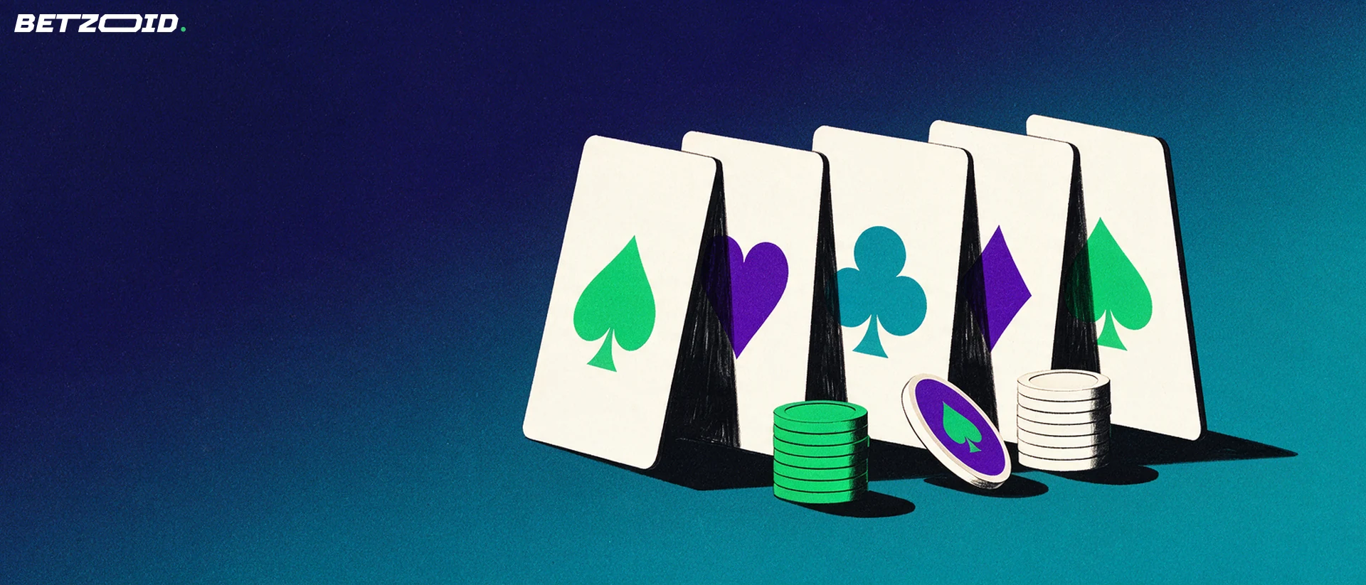 Illustration of an upright fan of large playing cards with suit symbols beside two stacks of poker chips and a dealer button.