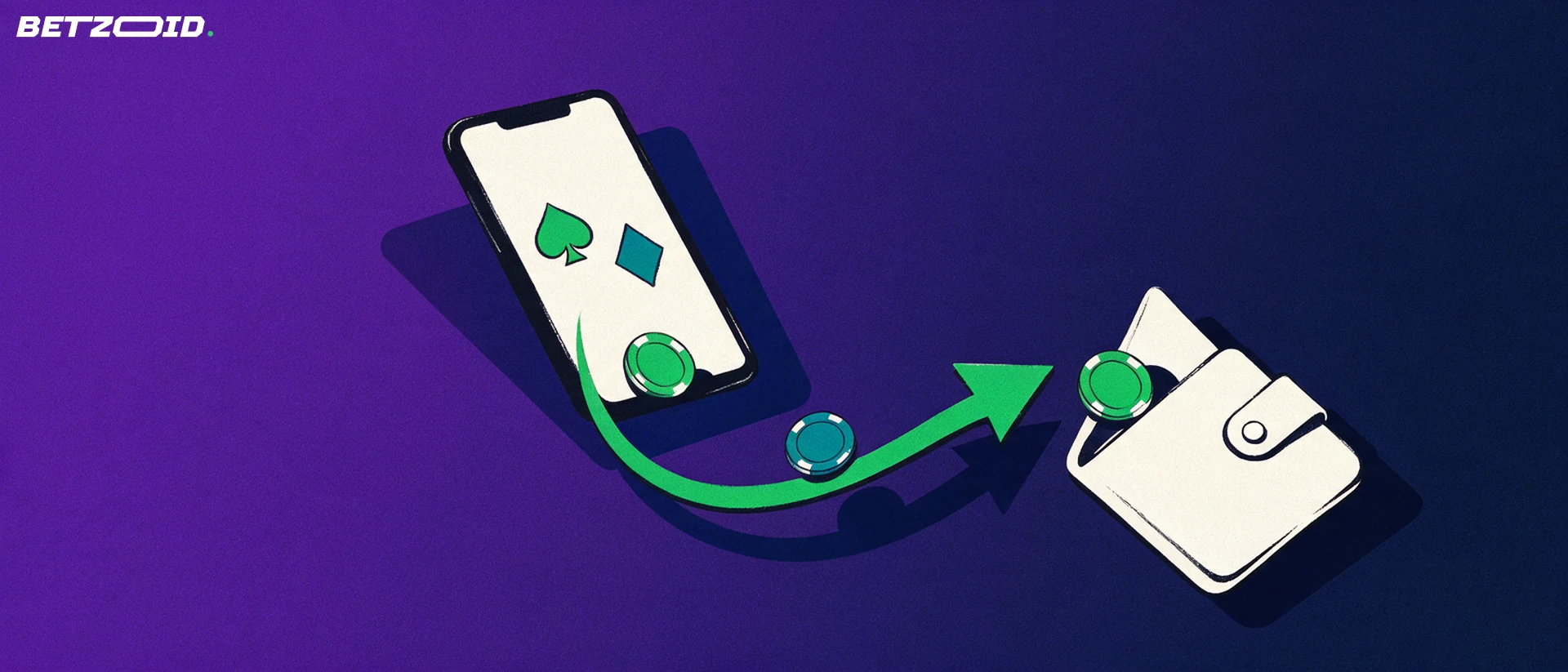 Illustration of a tilted phone showing card suit symbols with a curved arrow carrying poker chips into an open wallet.
