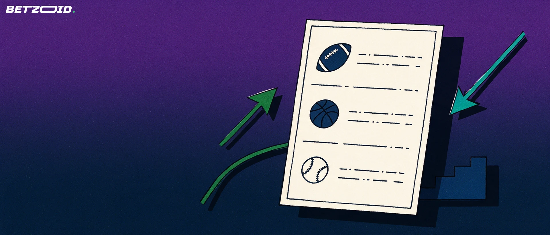 Illustration of a large sports betting slip card with football, basketball and baseball symbols beside rising and falling arrows.