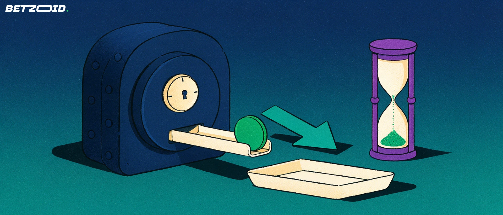 Illustration of a strongbox payout gate releasing a single green token down a chute into a tray, with an hourglass beside it.