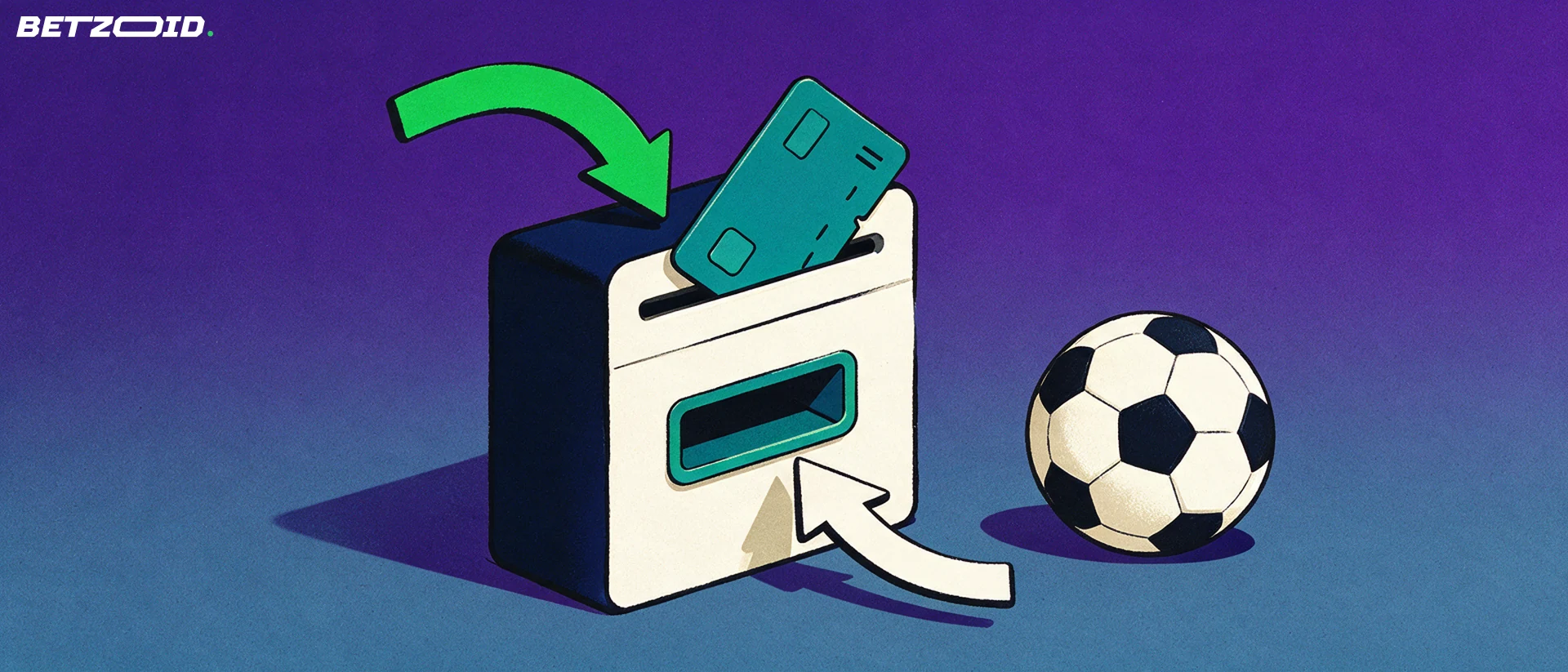 Illustration of a card entering a stylised cashier cabinet with arrows showing deposit and withdrawal flow, a football resting beside it.