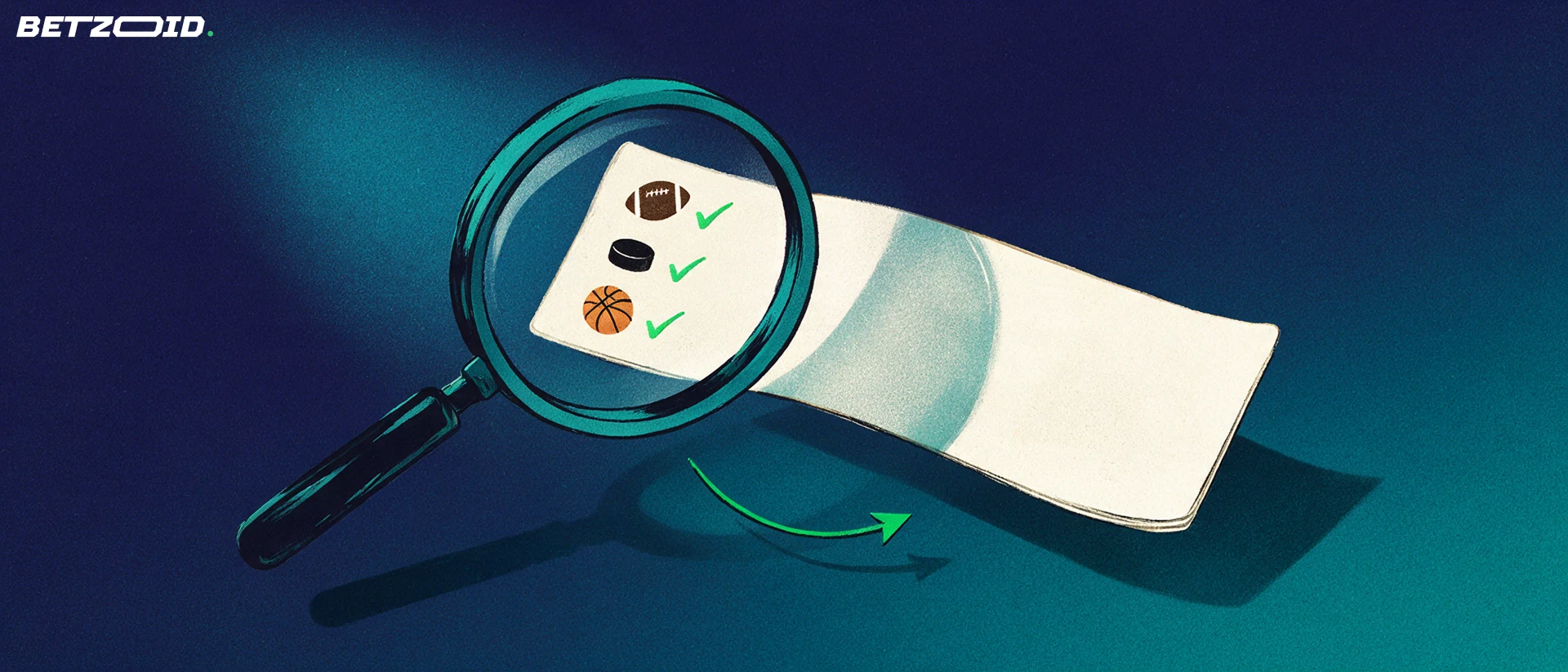 Illustration of a large magnifying glass examining a betting slip marked with football, hockey and basketball symbols and small tick marks.