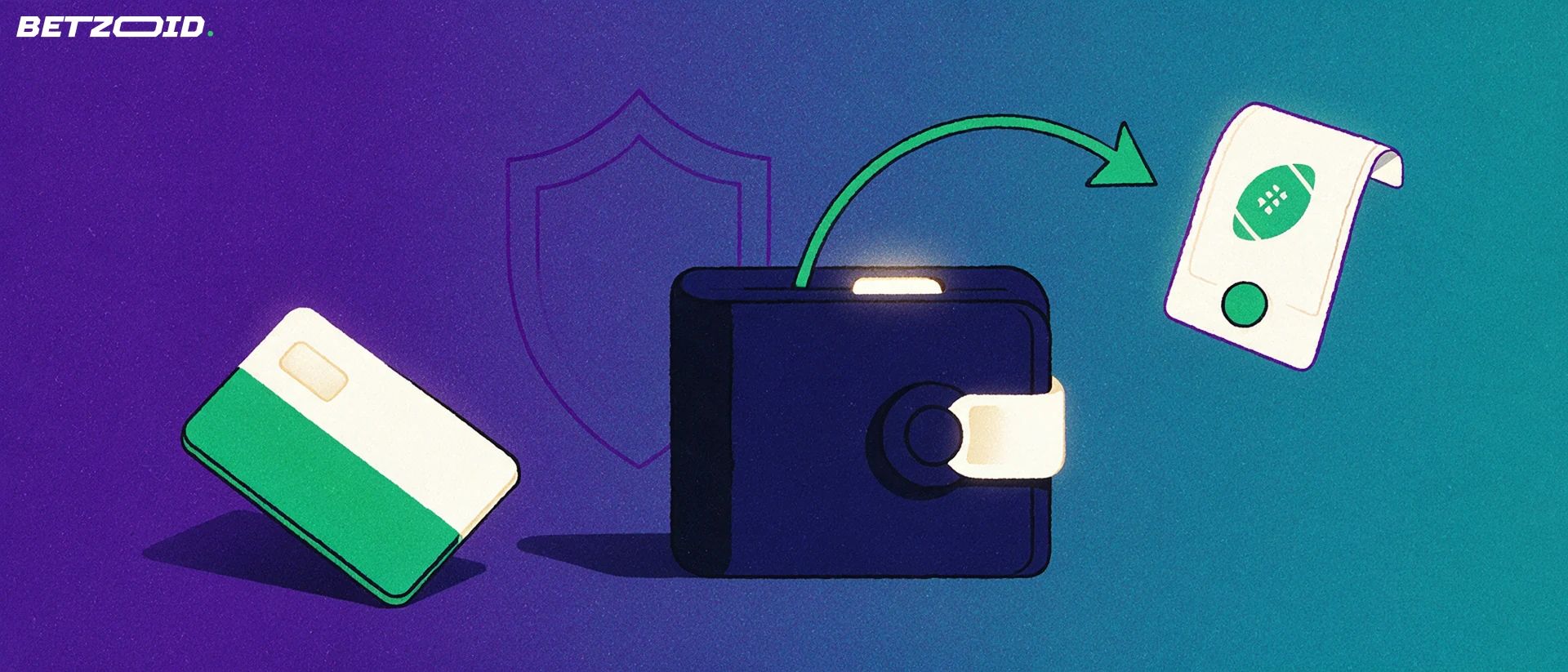 Illustration of a bank card sliding into a wallet-shaped vault with an arrow leading to a betting slip bearing a football symbol.