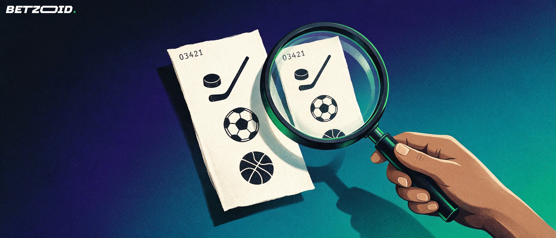 Illustration of a magnifying glass inspecting a betting slip marked with hockey, soccer and basketball symbols