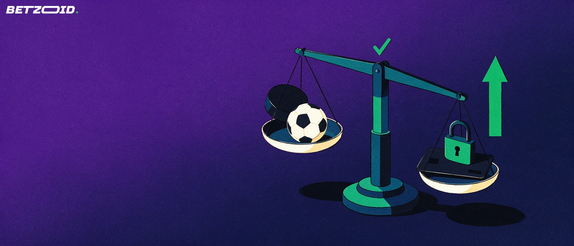 Illustration of a balance scale weighing sports balls against a padlock, bank card and an upward arrow