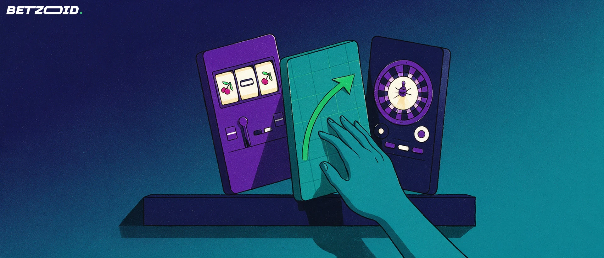 Illustration of three large casino game tiles showing a slot reel, a rising crash curve and a roulette wheel, with a hand tilting the middle tile.